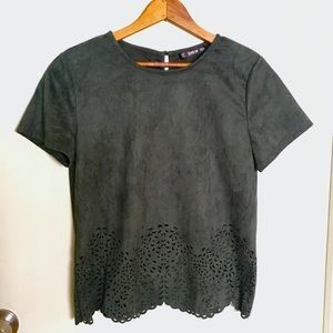 Olive Faux-Suede Top with Laser-Cut Detail!